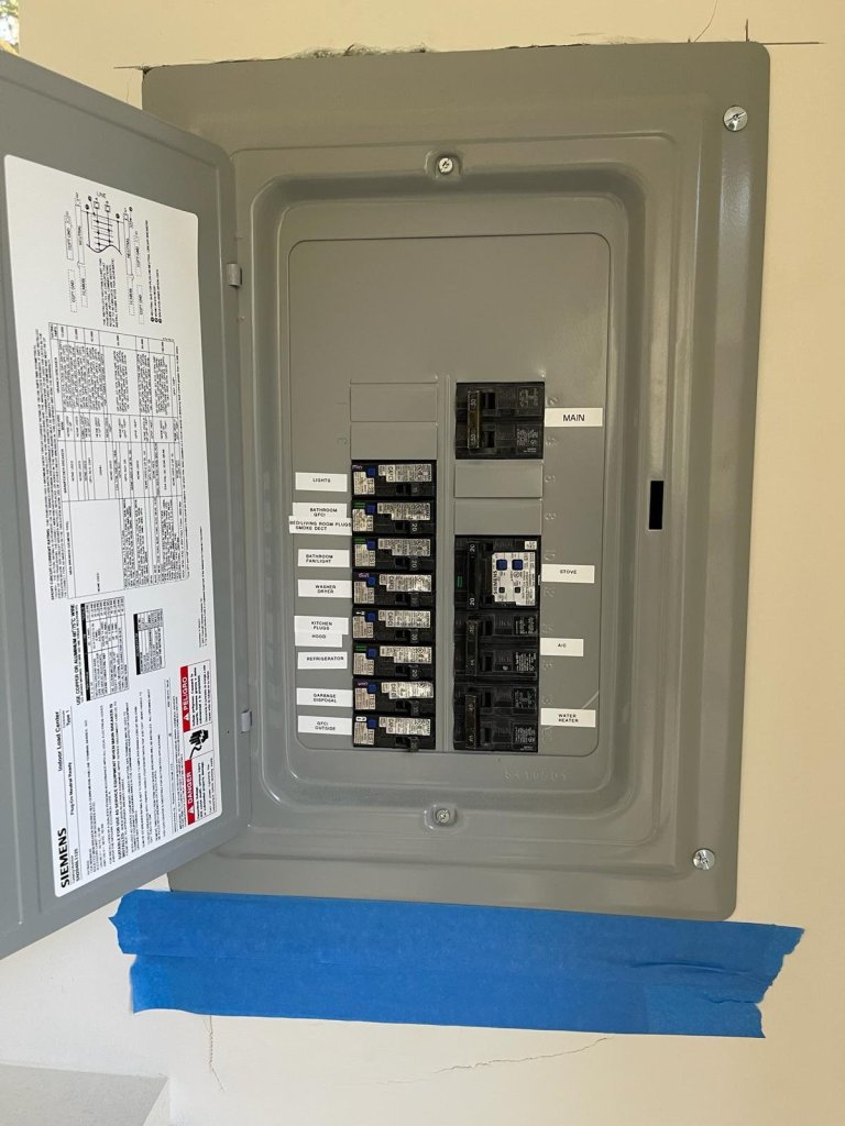 New circuit breaker panel with the door open