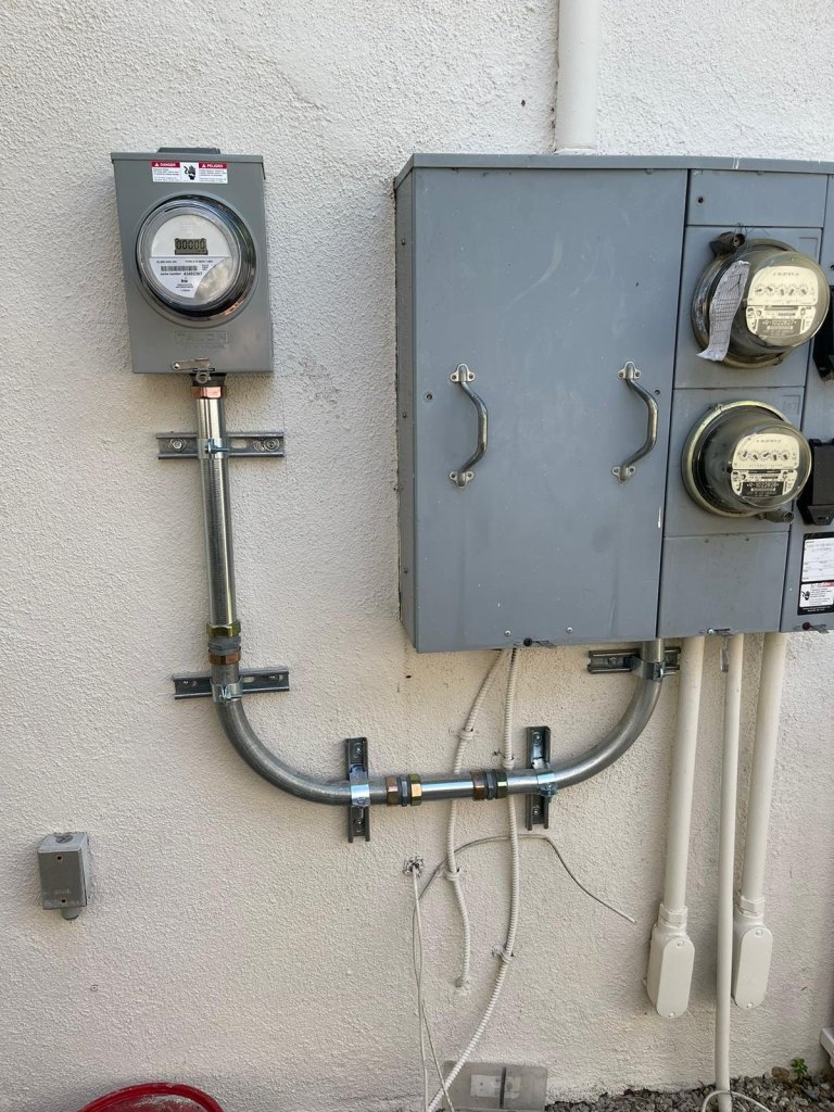 Exterior meter and service equipment with new conduit